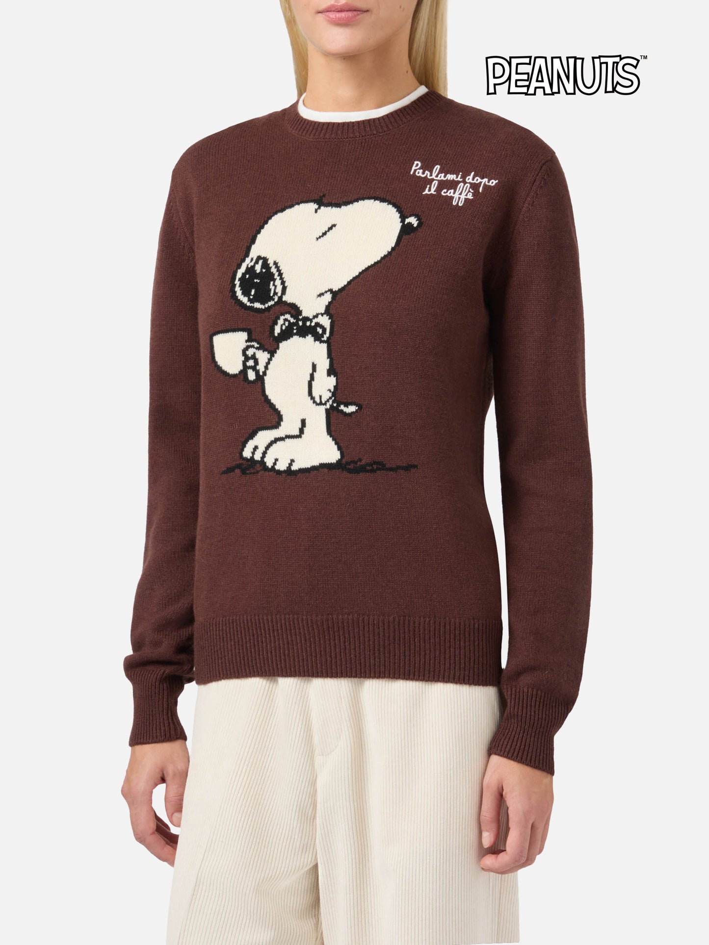 Maglione New Queen in misto cashmere marrone con jacquard Snoopy e ricamo | PEANUTS SPECIAL EDITION
