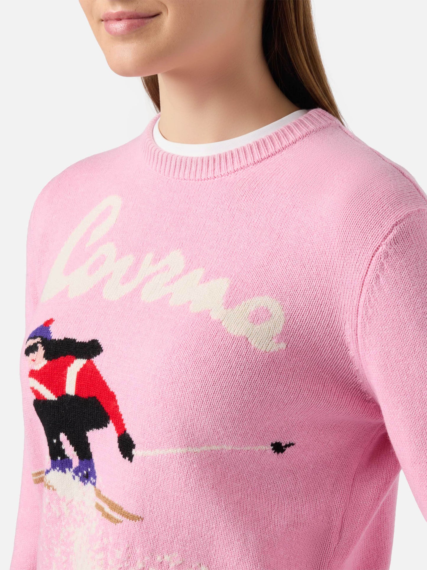 Maglione New Queen in misto cashmere rosa con jacquard cartolina Courma