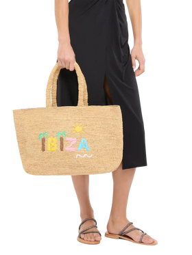 Beige Raffia Beach bag with cotton pouch and Ibiza embroidery - MC2 Saint Barth