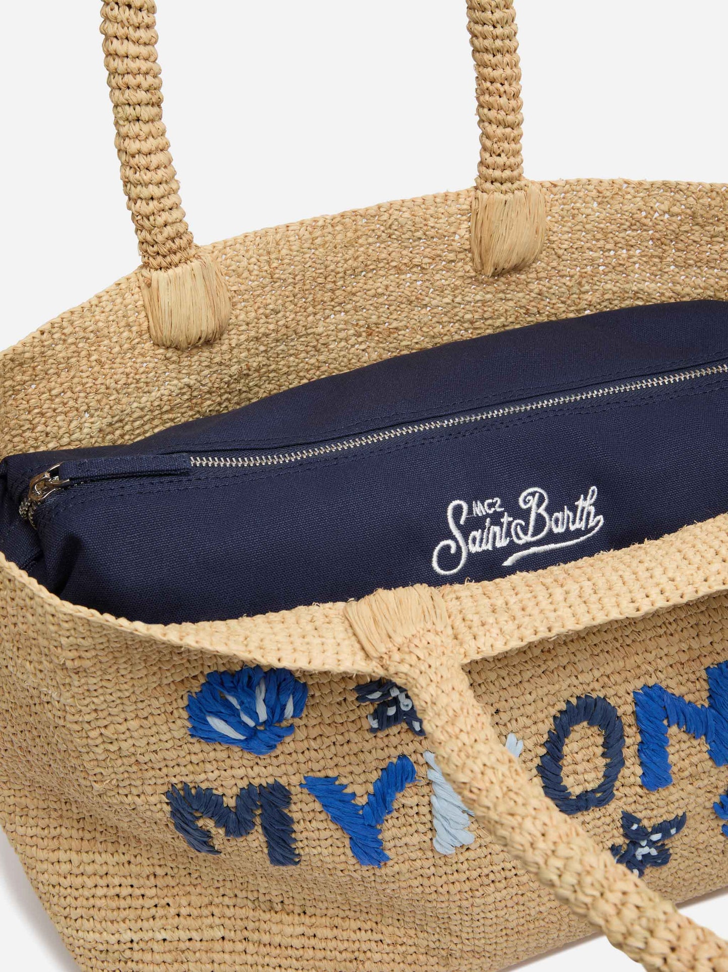Beige Raffia Beach bag with cotton pouch and Mykonos embroidery
