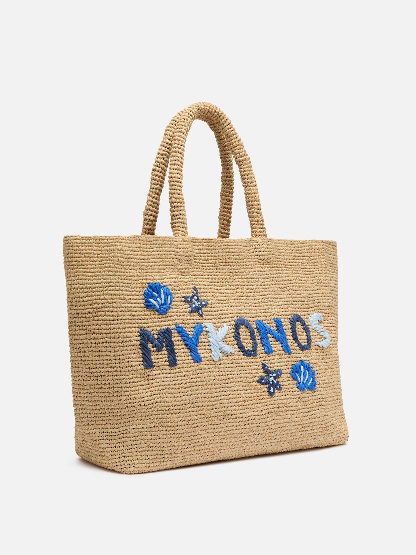 Beige Raffia Beach bag with cotton pouch and Mykonos embroidery