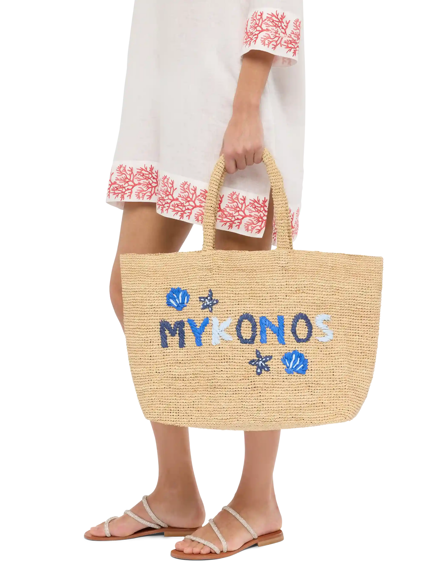 Beige Raffia Beach bag with cotton pouch and Mykonos embroidery