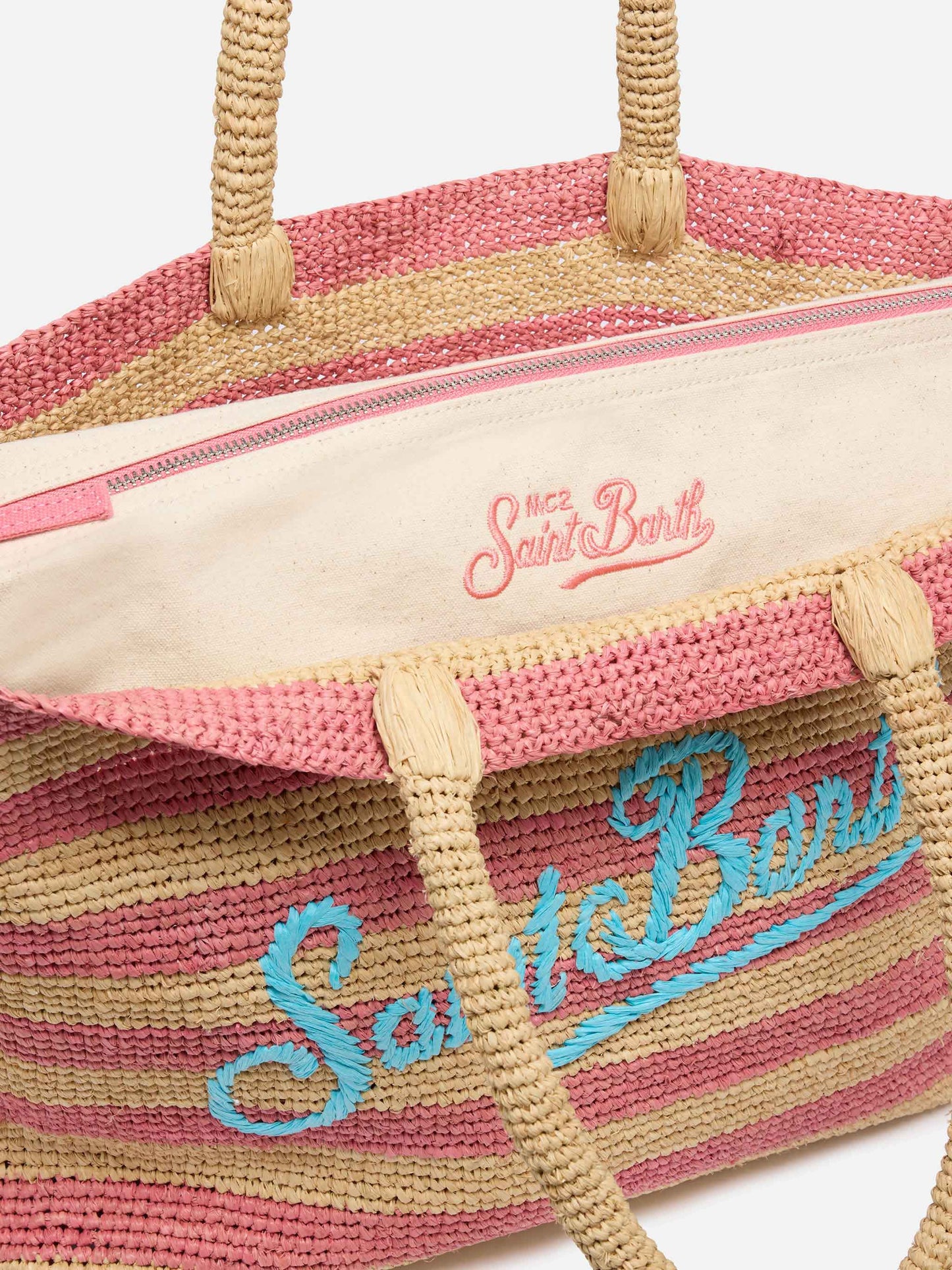 Pink striped Raffia Beach bag with cotton pouch
