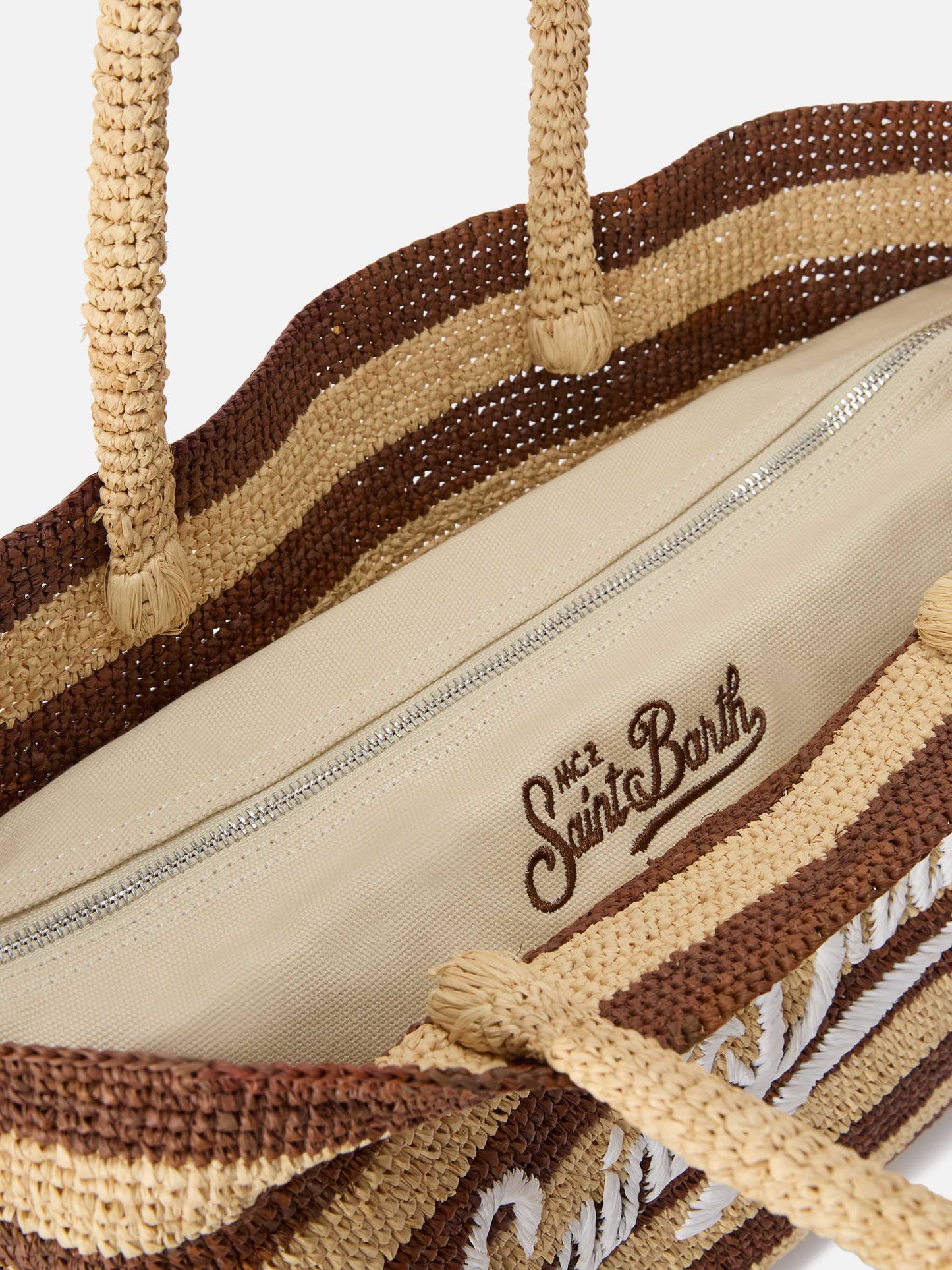Borsa Beach in raffia a righe marroni con logo ricamato