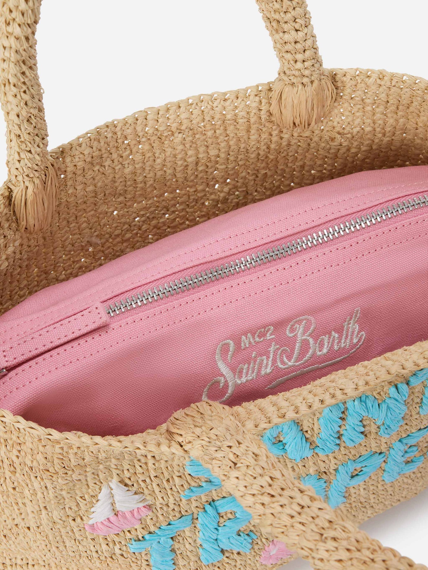 Beach medium raffia bag with Saint Tropez embroidery