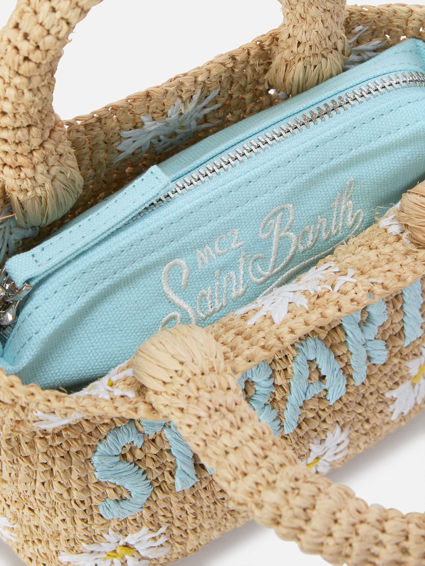 Borsa Beach mini in raffia con margherite ricamate