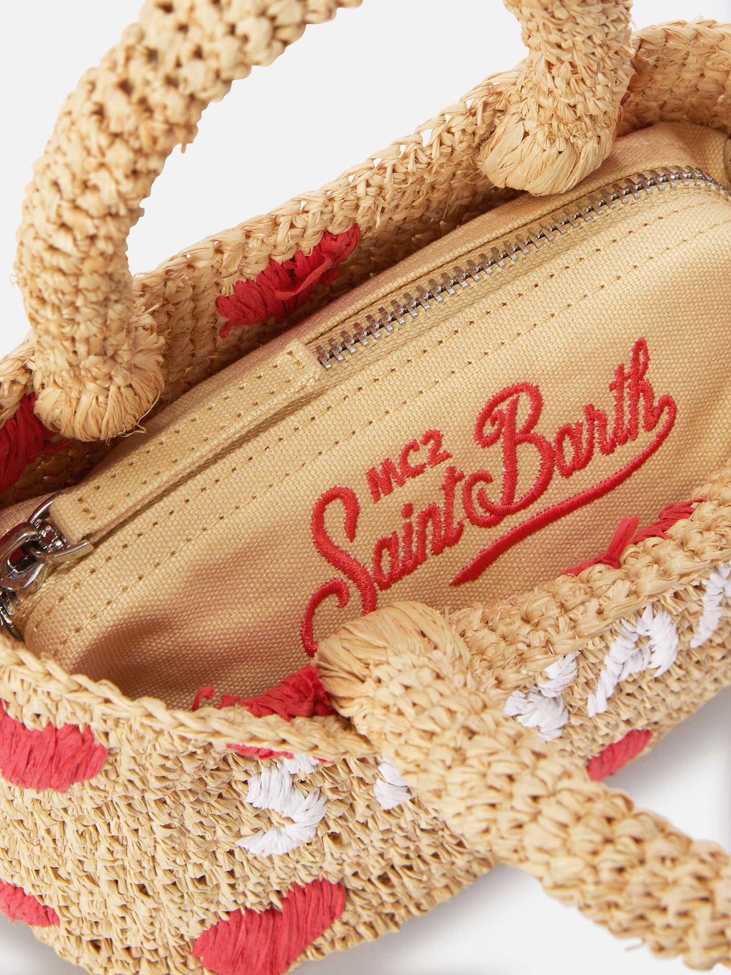 Borsa Beach mini in raffia con cuori ricamati