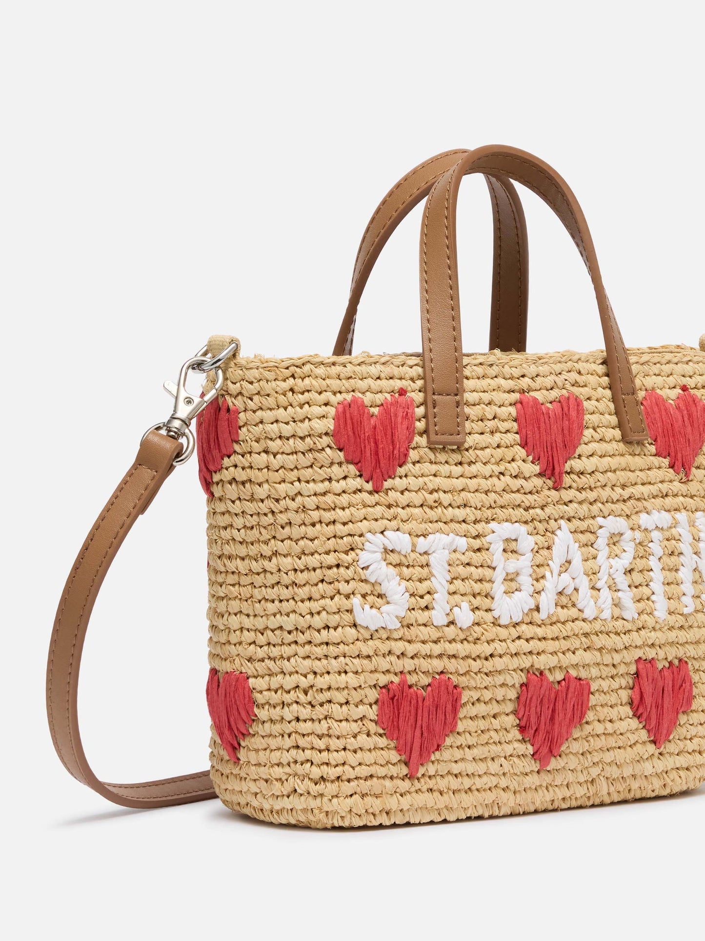 Beige Raffia City Mini bag with hearts embroidery