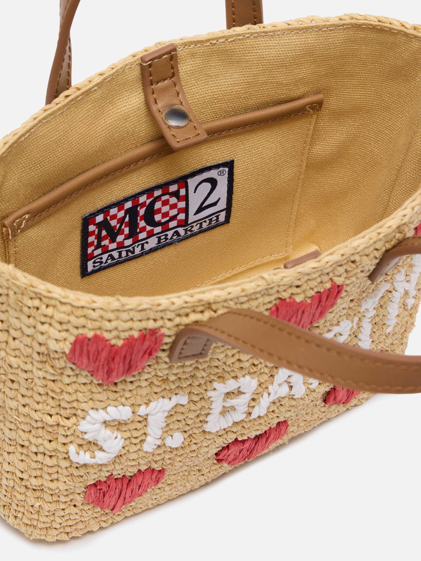Beige Raffia City Mini bag with hearts embroidery