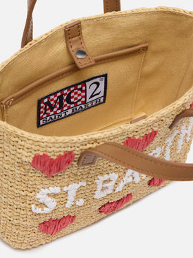 Beige Raffia City Mini bag with hearts embroidery