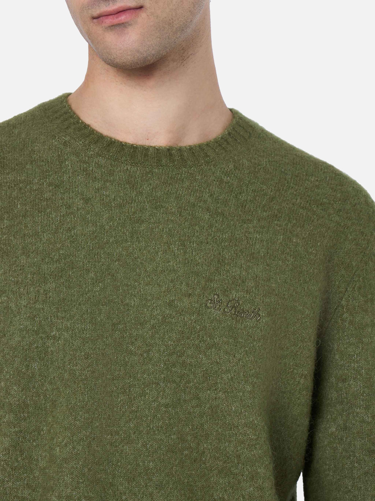 Regent – Militärgrüner Stretchpullover mit Rundhalsausschnitt für Herren