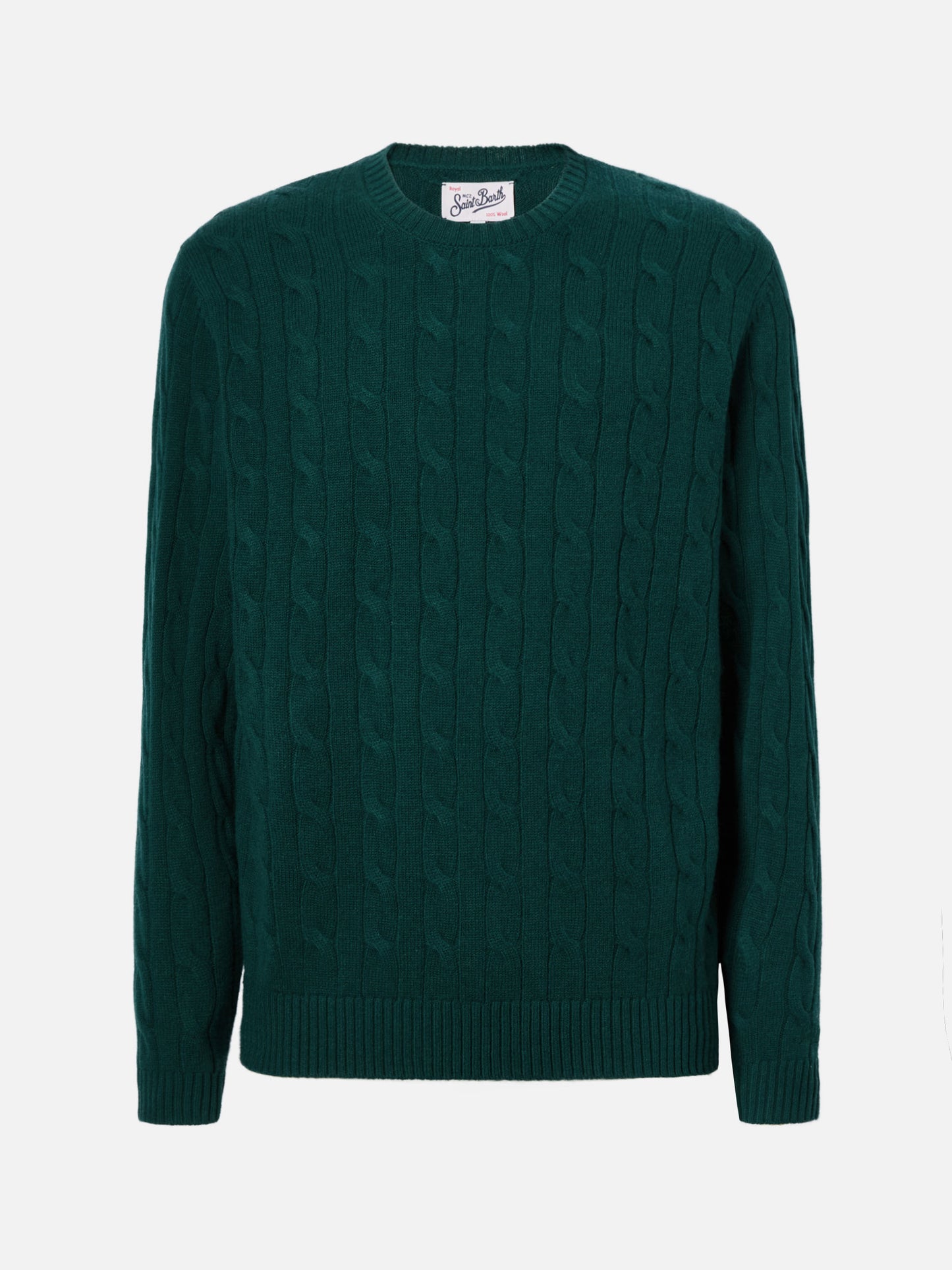 Maglione girocollo Regent a trecce in 100% LANA verde inglese