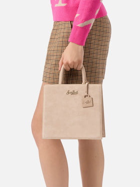Shop Bag Midi Handbag in beige suede leather