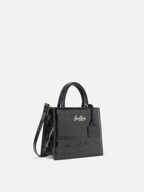 Shop Bag Mini Handbag in black crocodile-print leather