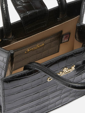 Shop Bag Mini Handbag in black crocodile-print leather