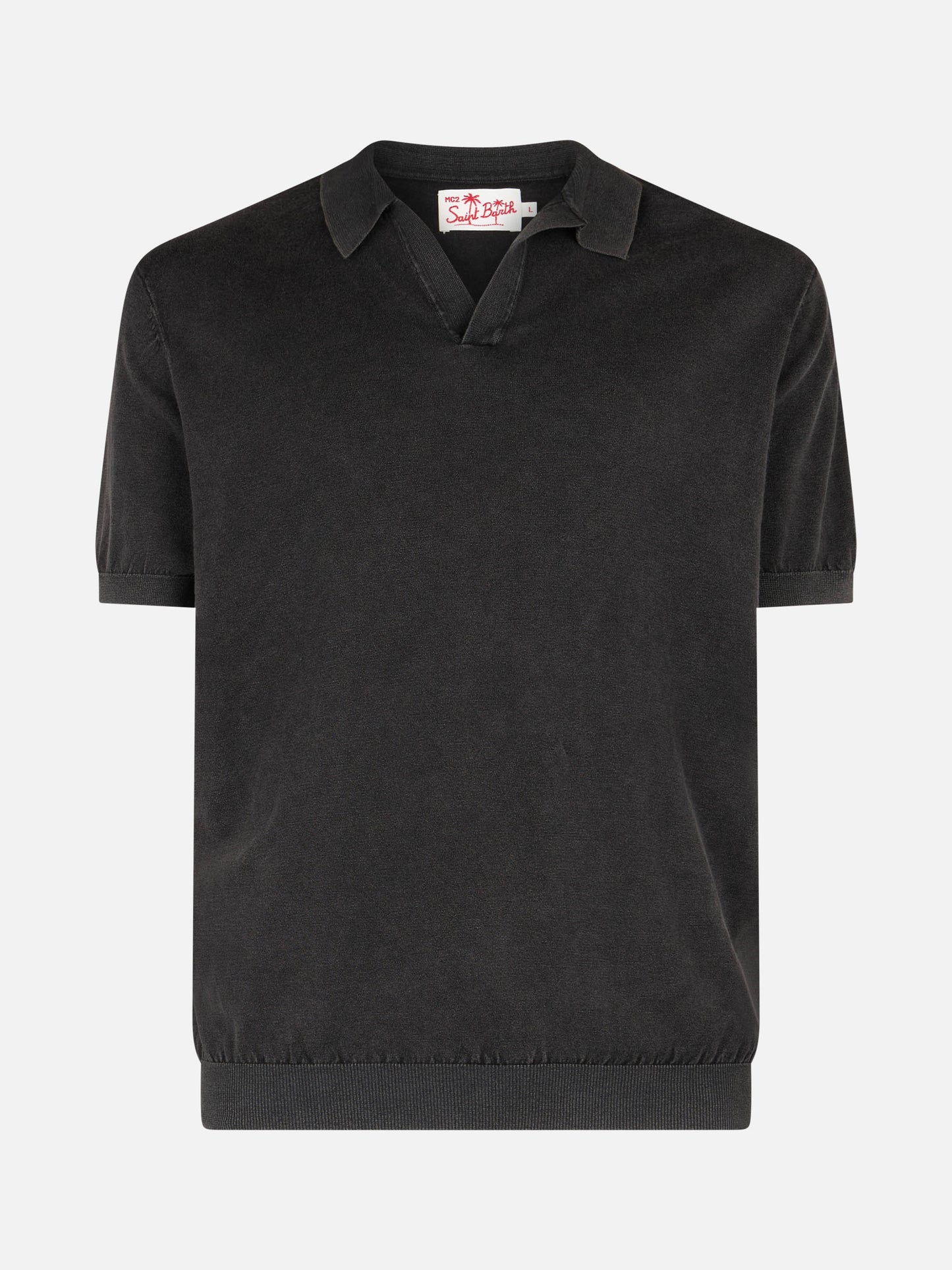 Polo Sloan in maglia nera senza bottoni con trattamento vintage