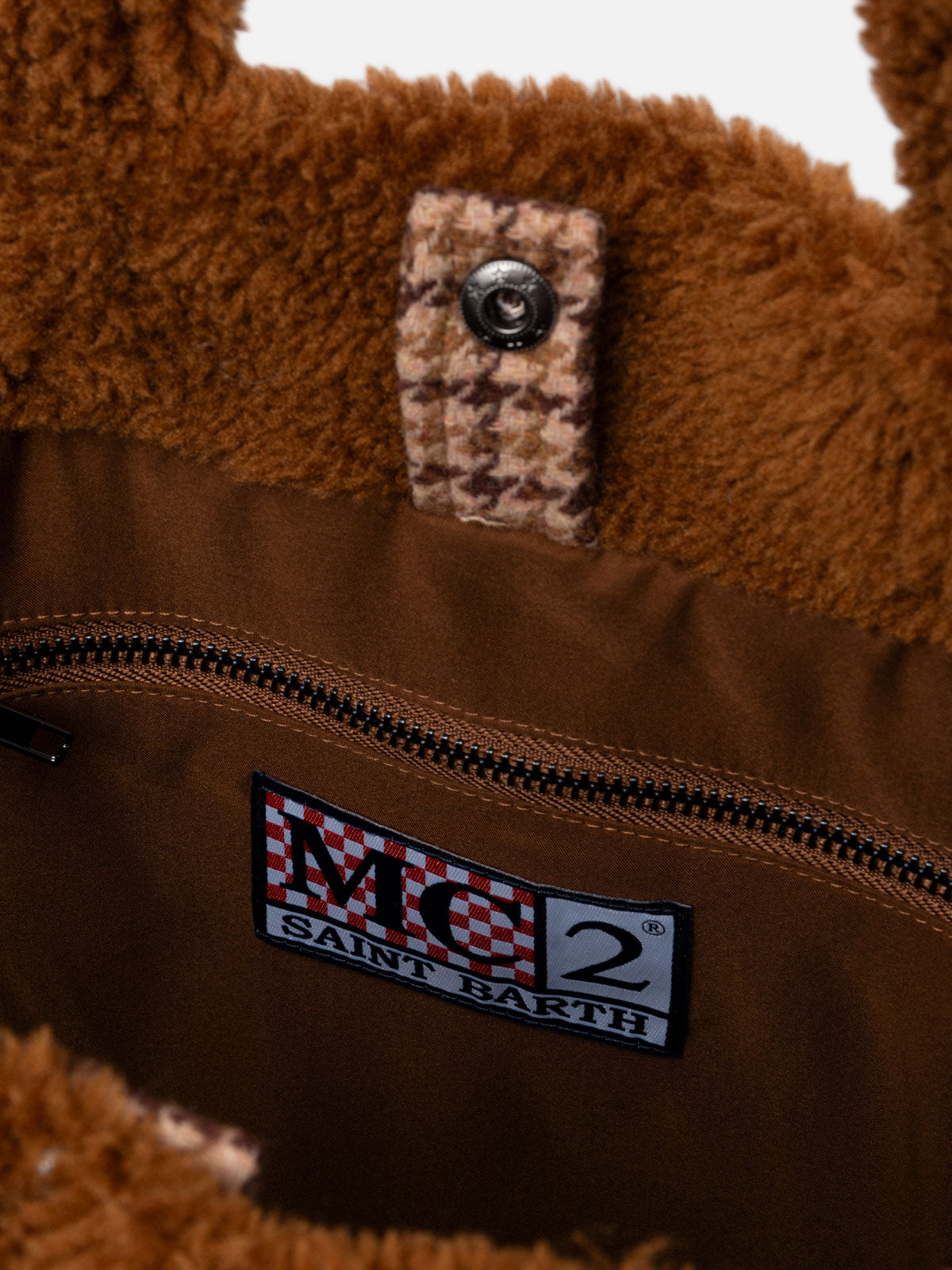 Brown teddy Soft Bag with Saint Barth checkered logo - MC2 Saint Barth