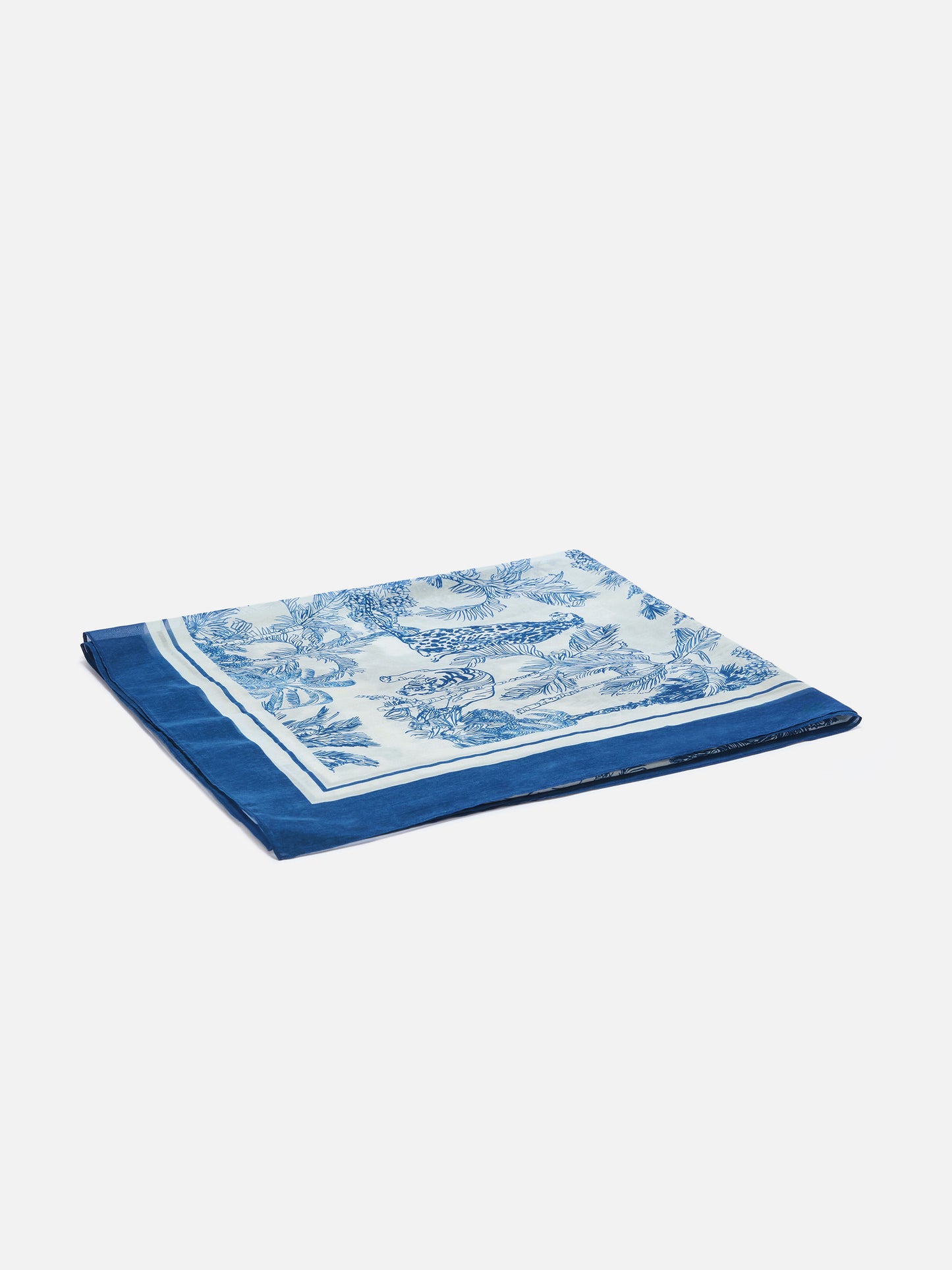 Pareo lungo Thaiti misto seta con stampa le toile de jouy blu