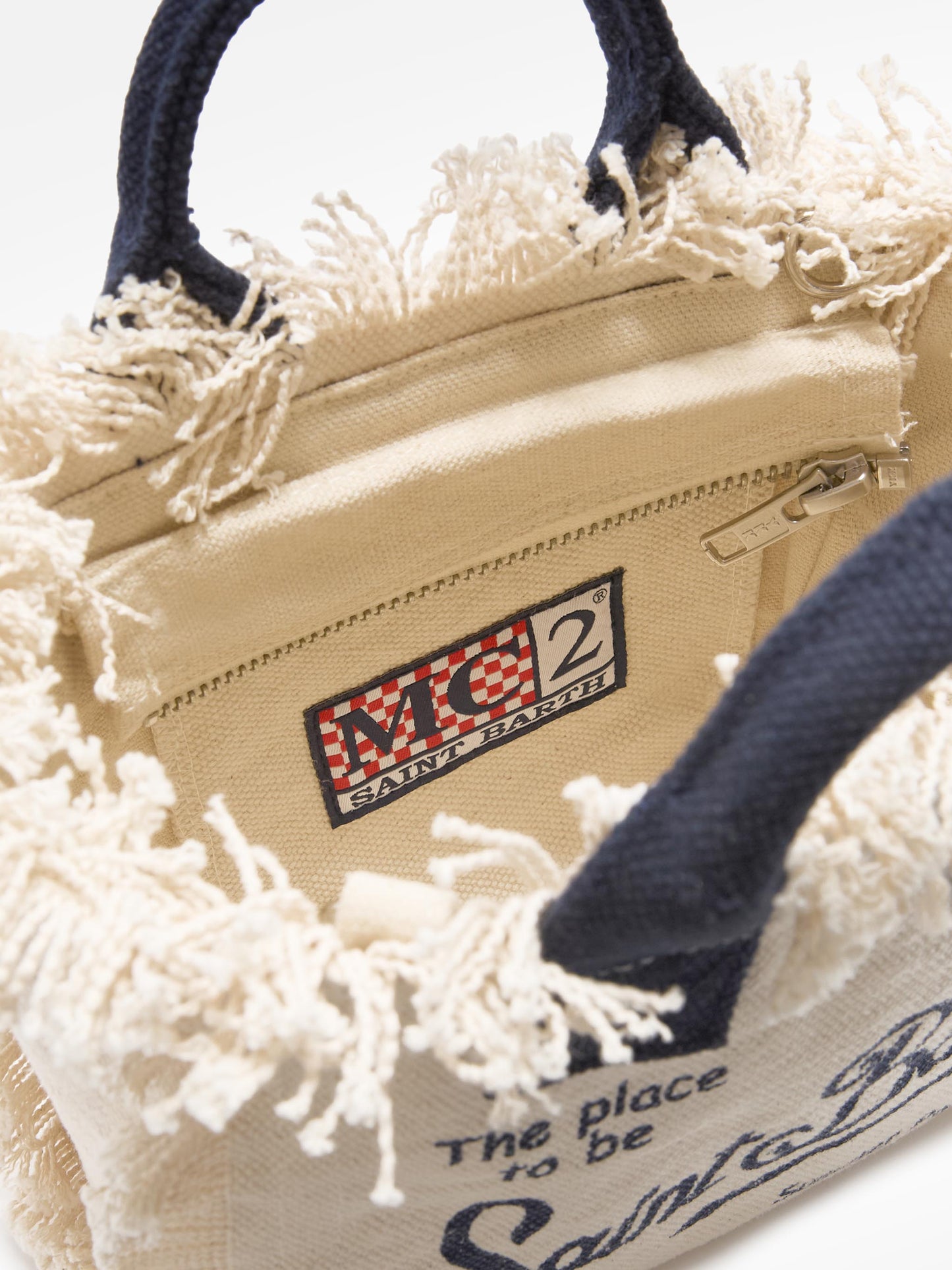 White canvas Vanity mini bag with blue details