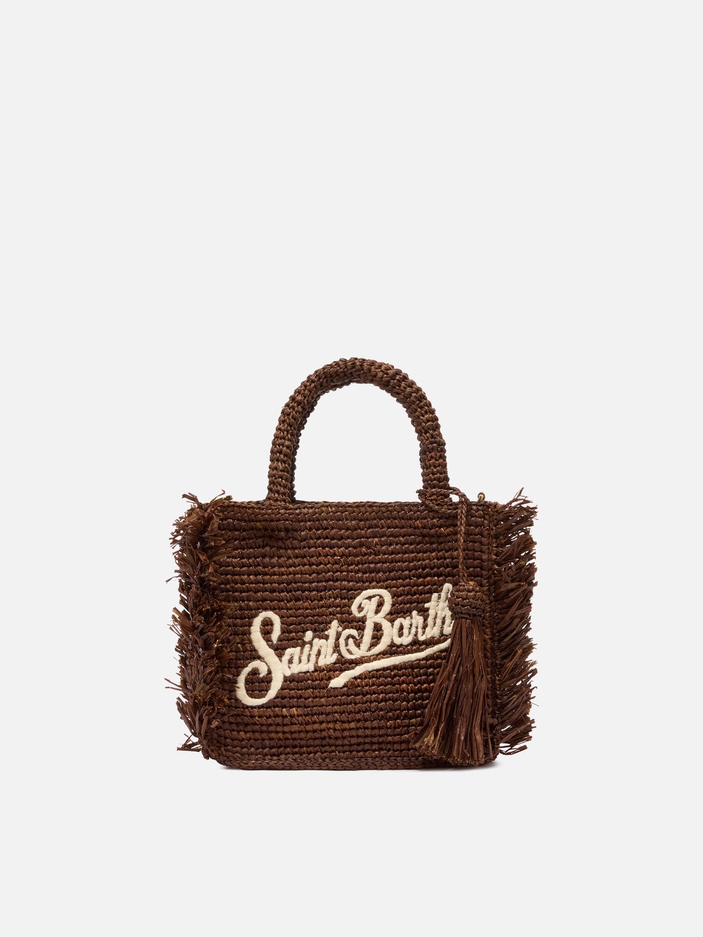 Mini Vanity Raffia Fringes bag with Saint Barth embroidery