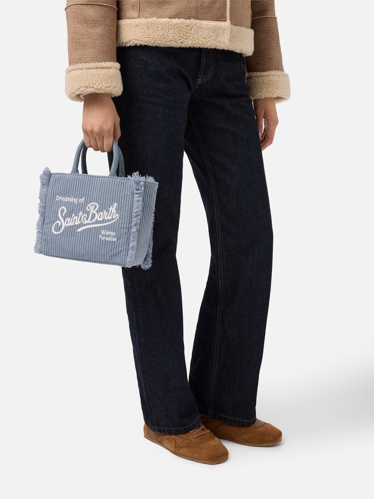 Vanity Mini Corduroy Handbag in powder blue corduroy velvet and faux suede