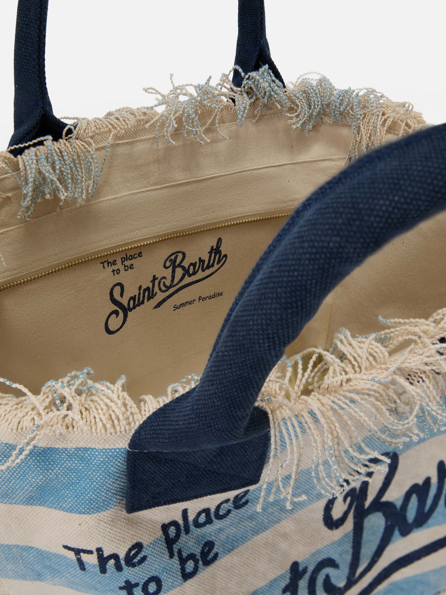 Borsa Vanity regular in canvas a righe orizzontali azzurre