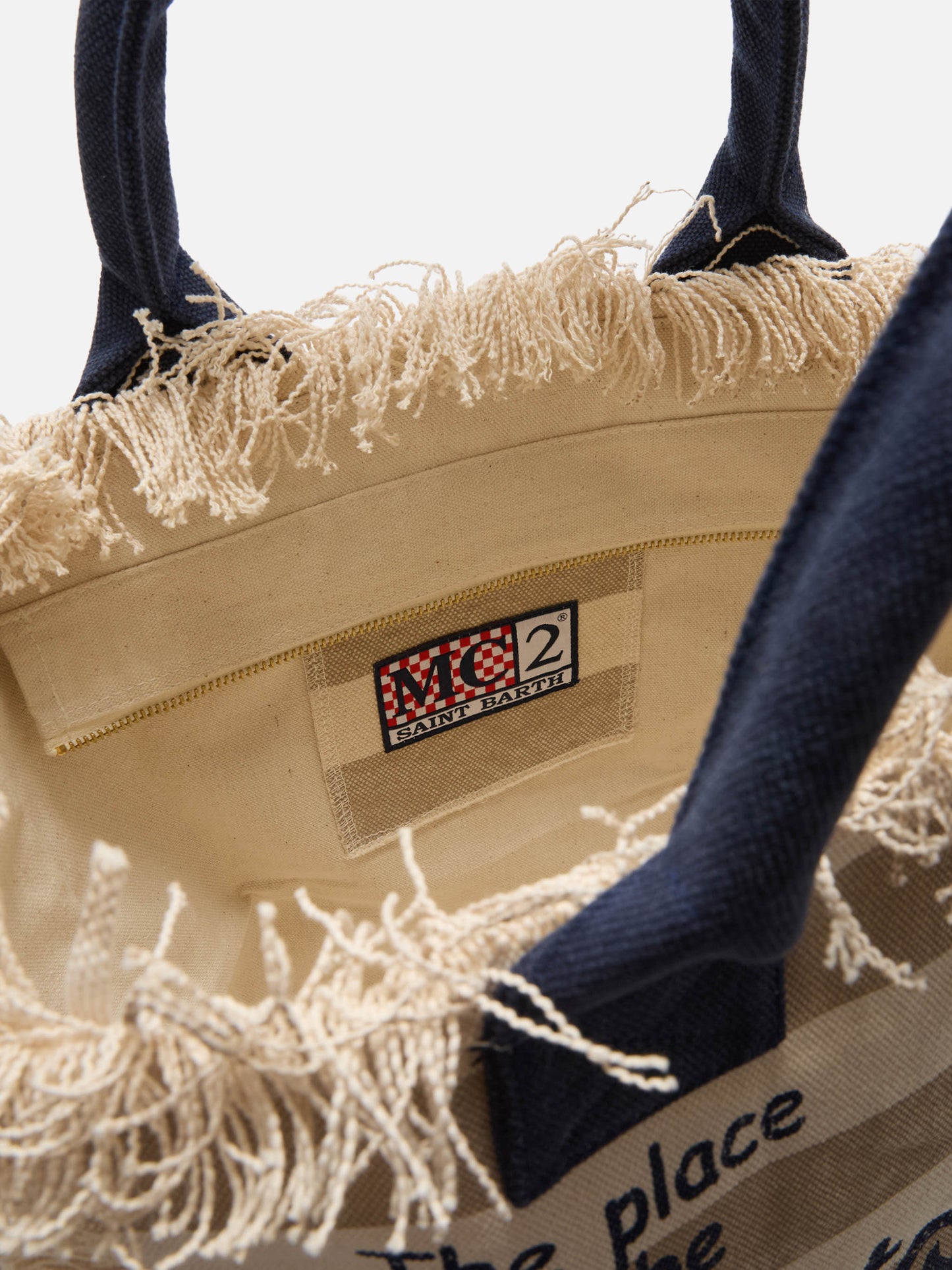 Borsa Vanity regular in canvas a righe orizzontali beige