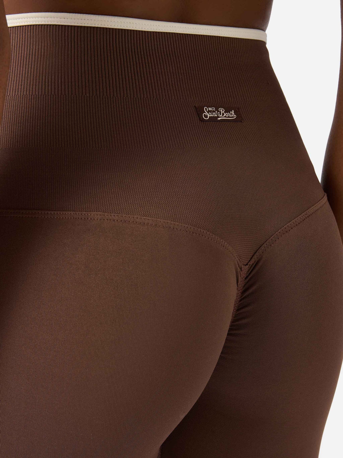 Leggings sportivi Vega in tessuto tecnico marrone con bordo a contrasto