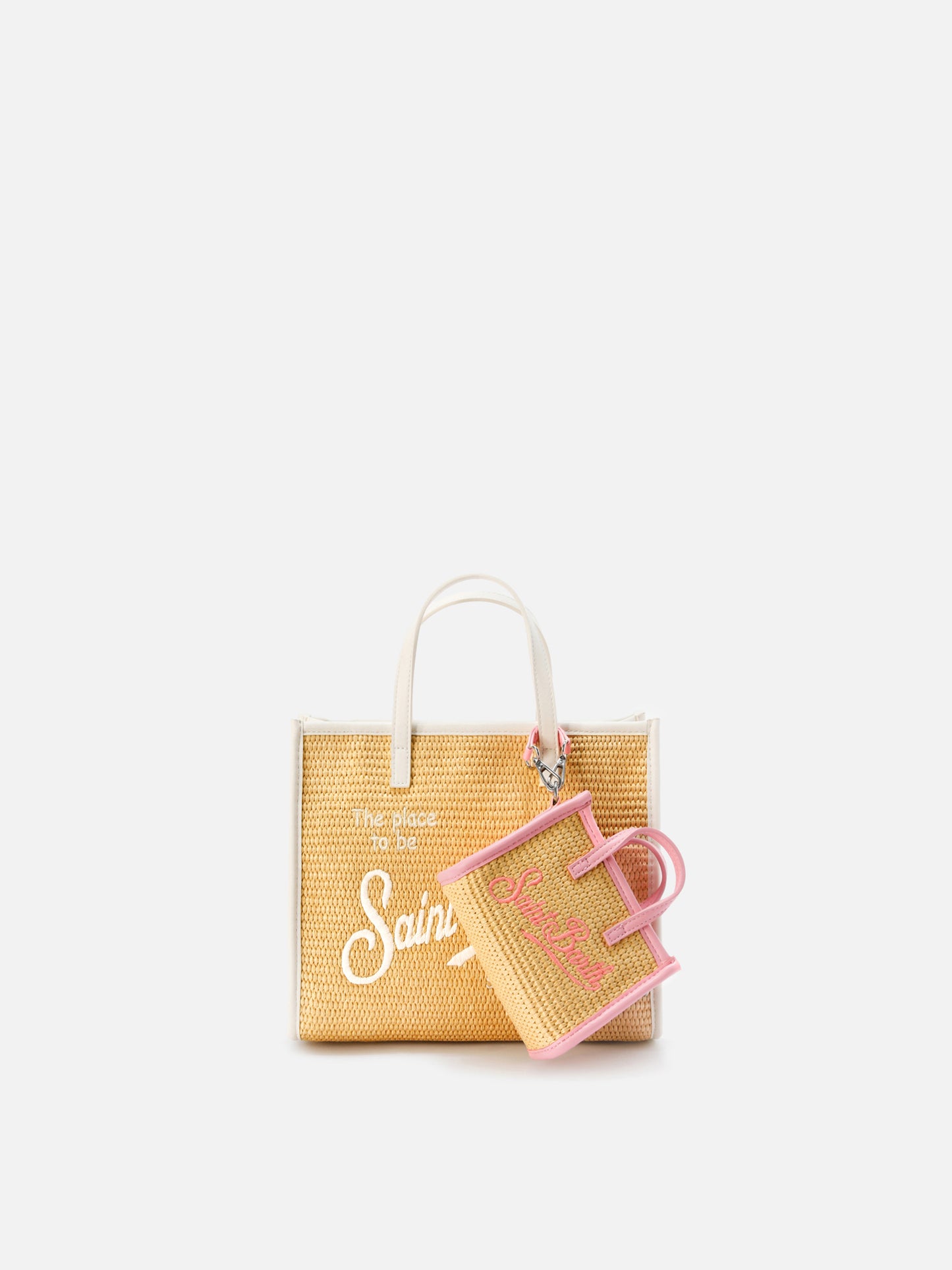 Borsa Vivian micro effetto raffia con logo rosa ricamato