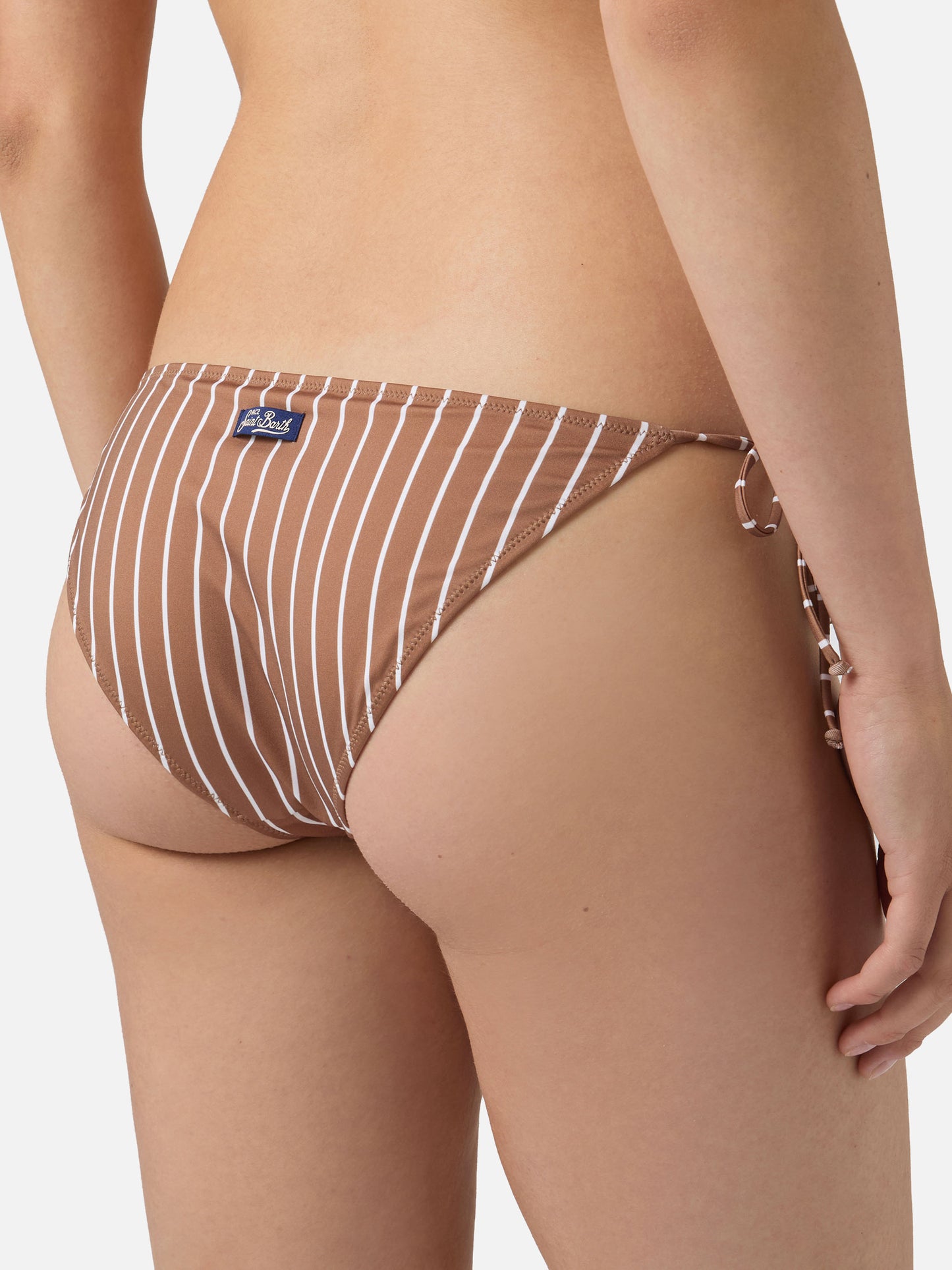 Leah Virgo beige and brown vertical striped bikini