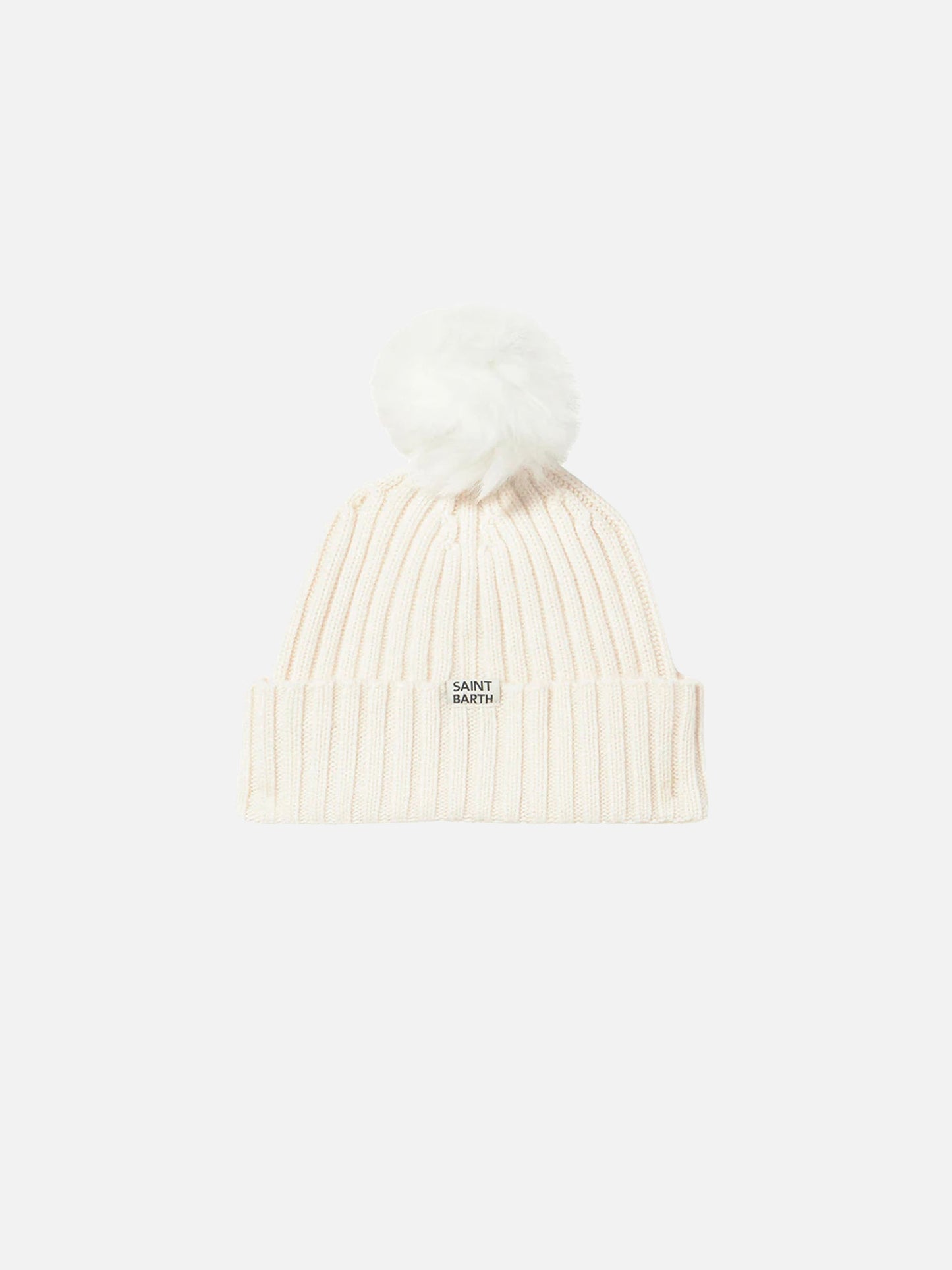 Wengen Jr beanie in cashmere blend in white with Favolosa embroidery