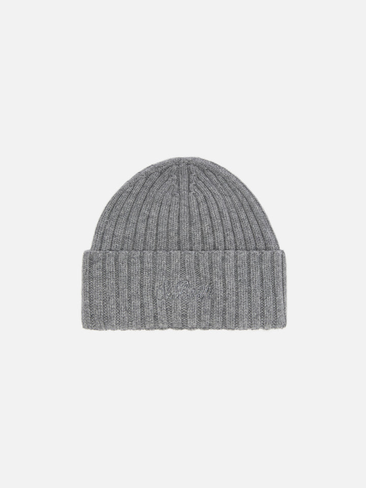 Wengen beanie in grey melange wool with St. Barth embroidery on the turn-up