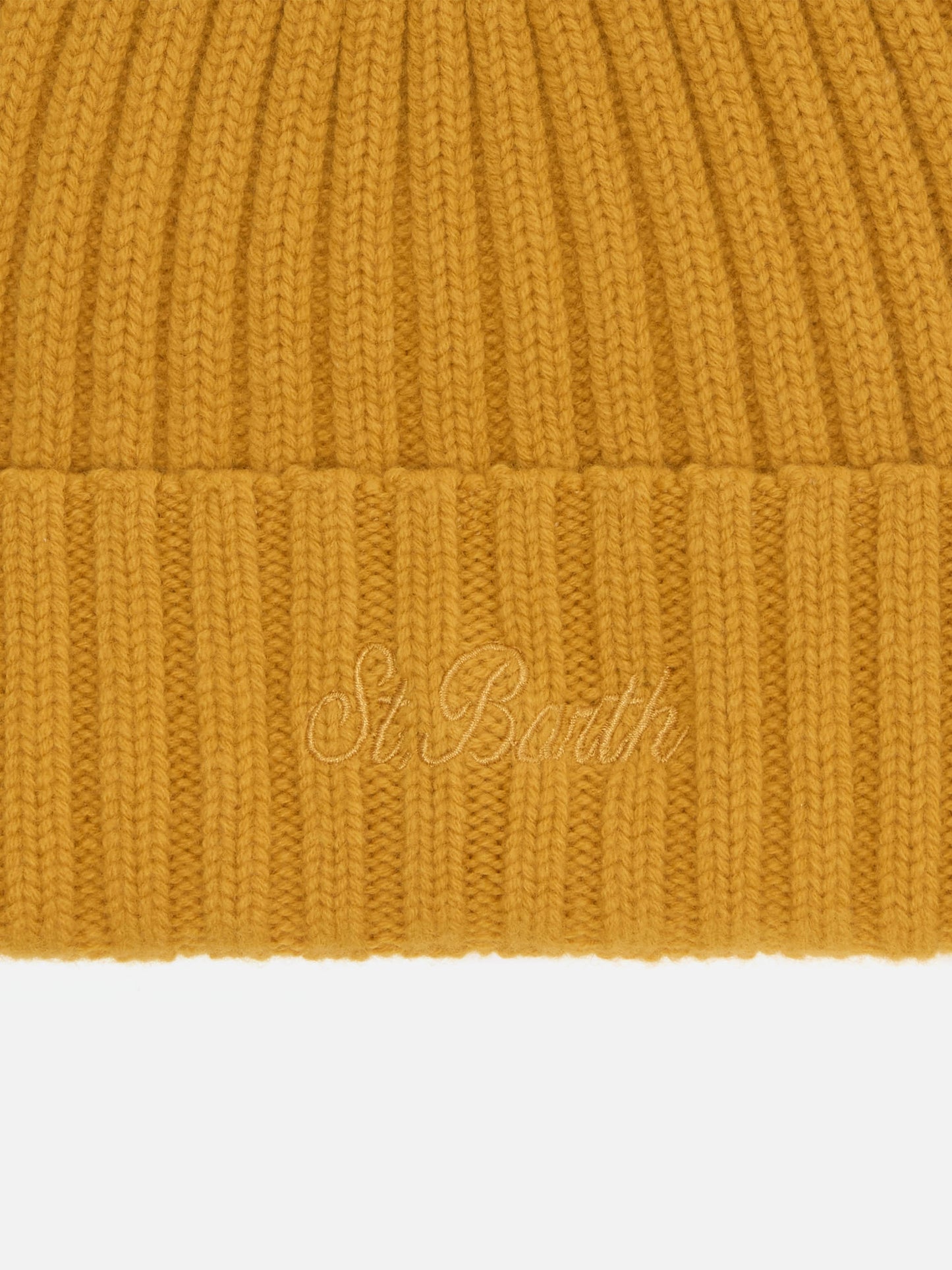 Wengen beanie in mustard yellow with St. Barth embroidery on the turn-up