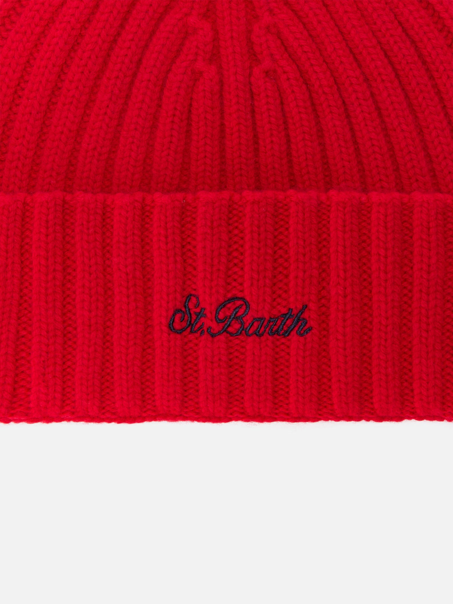 Wengen beanie in red wool with St. Barth embroidery on the turn-up