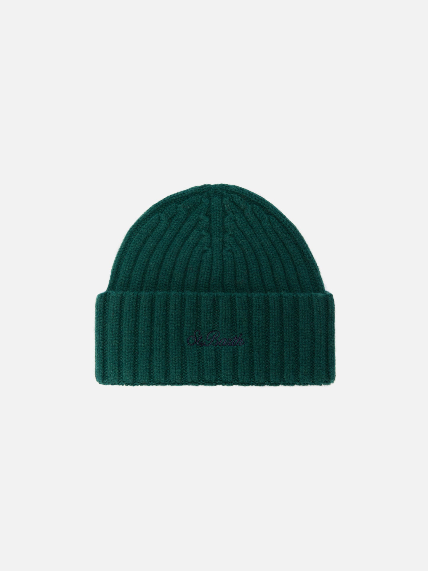 Wengen beanie in British green wool with St. Barth embroidery on the turn-up