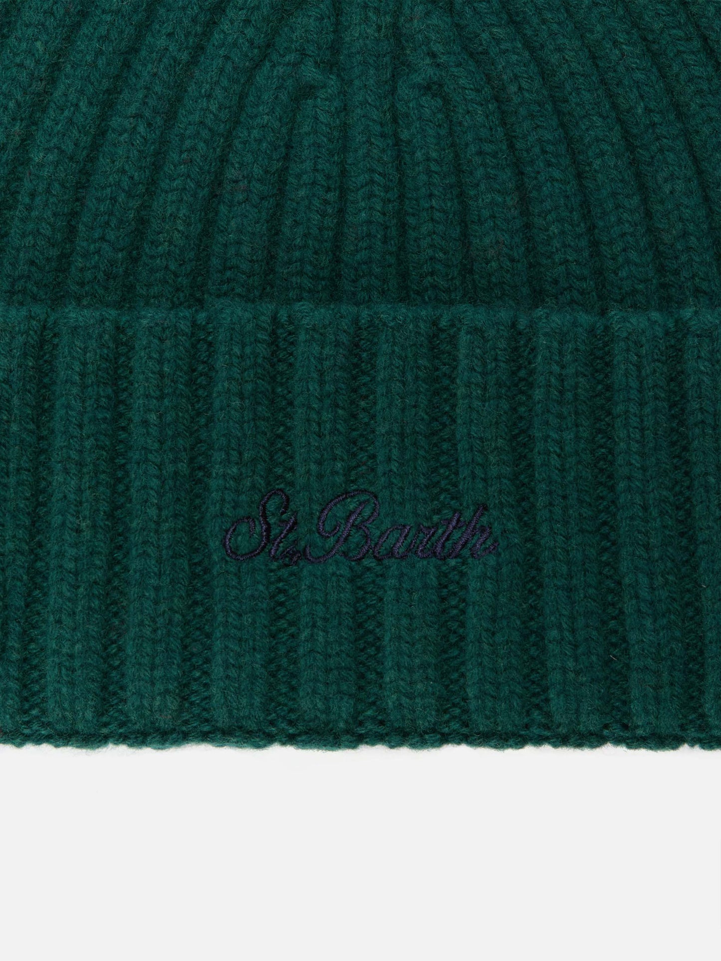 Wengen beanie in British green wool with St. Barth embroidery on the turn-up