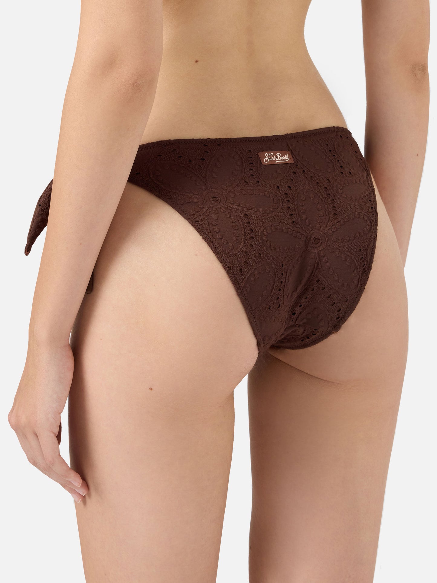 Bikini bralette a triangolo classico Leda Yali in pizzo sangallo marrone