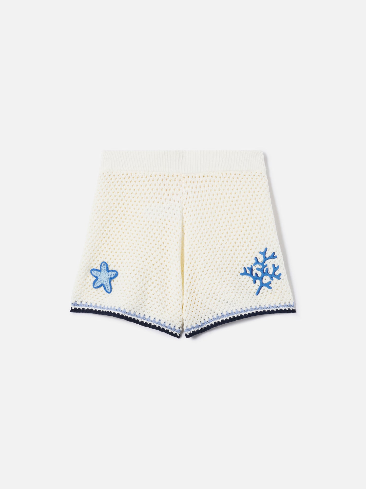 Yvette knit shorts with marine-themed crochet patches