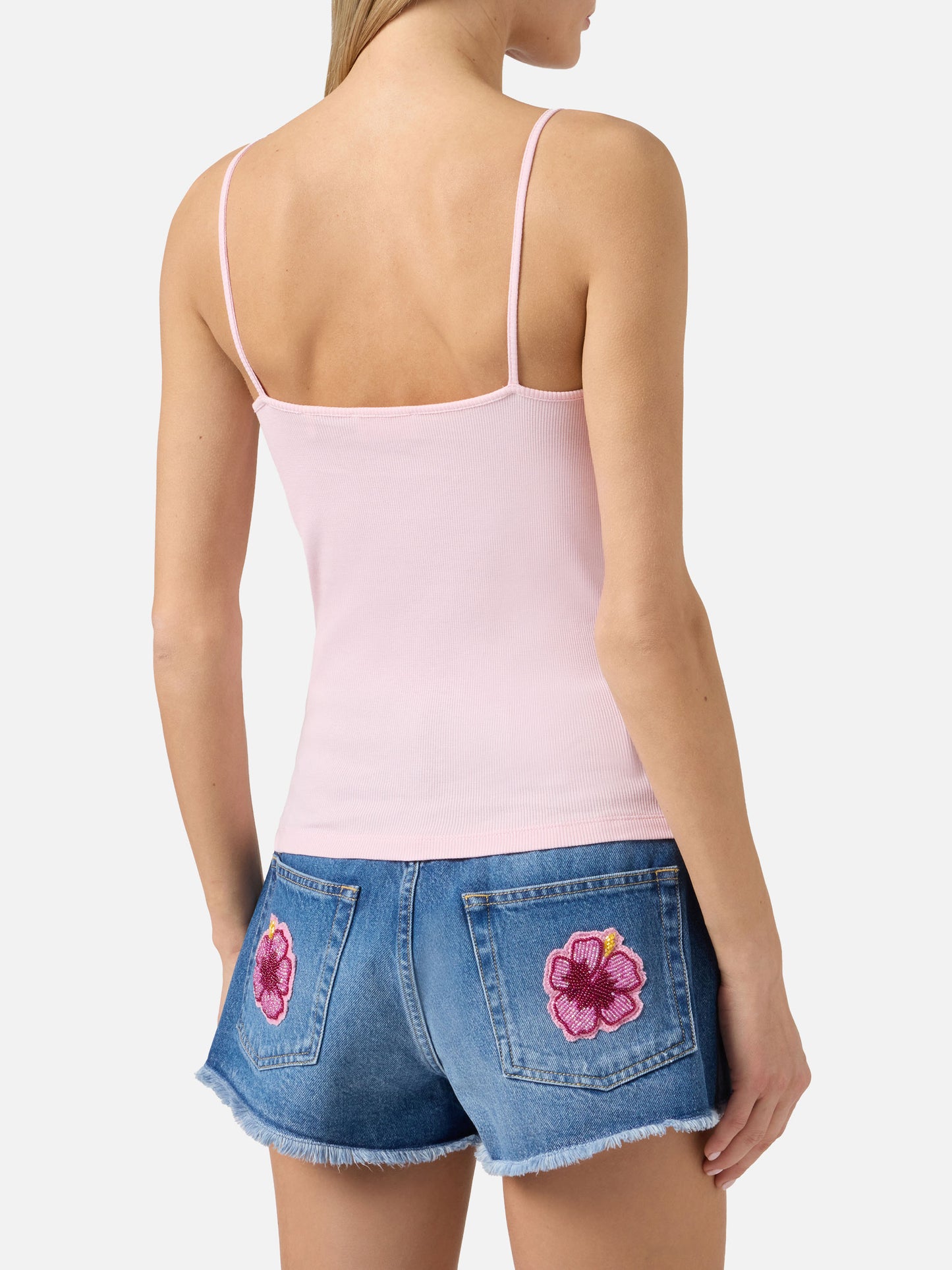 Débardeur Zaira rose avec logo brodé et patch perlé