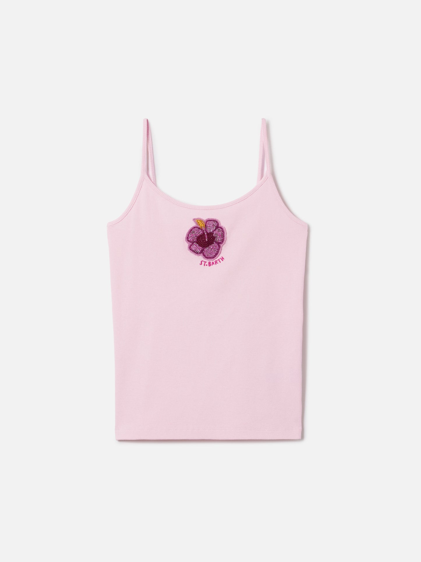 Pink Zaira tank top with embroidered logo and bead patch