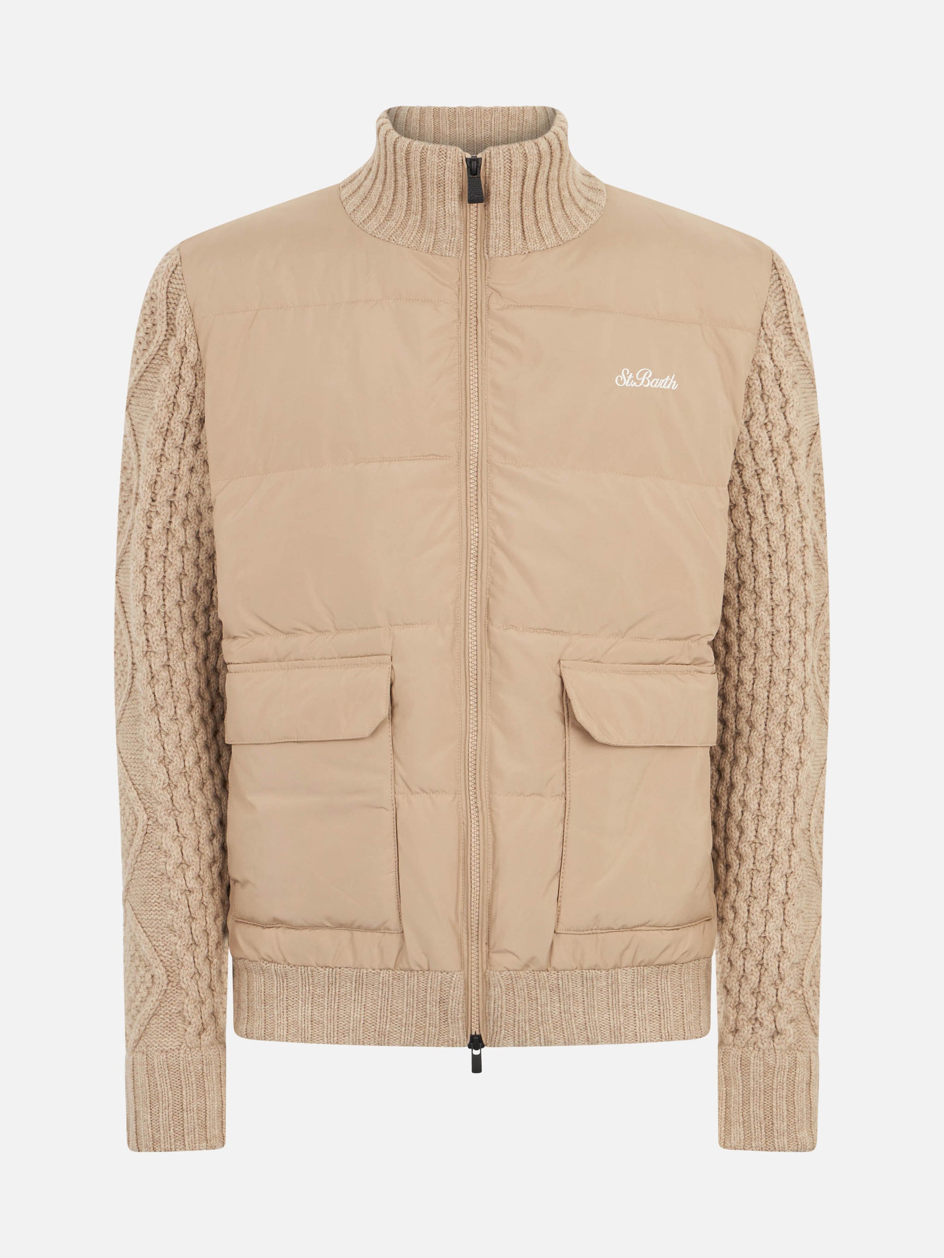 Man beige padded jacket with knitted braided sleeves - MC2 Saint Barth