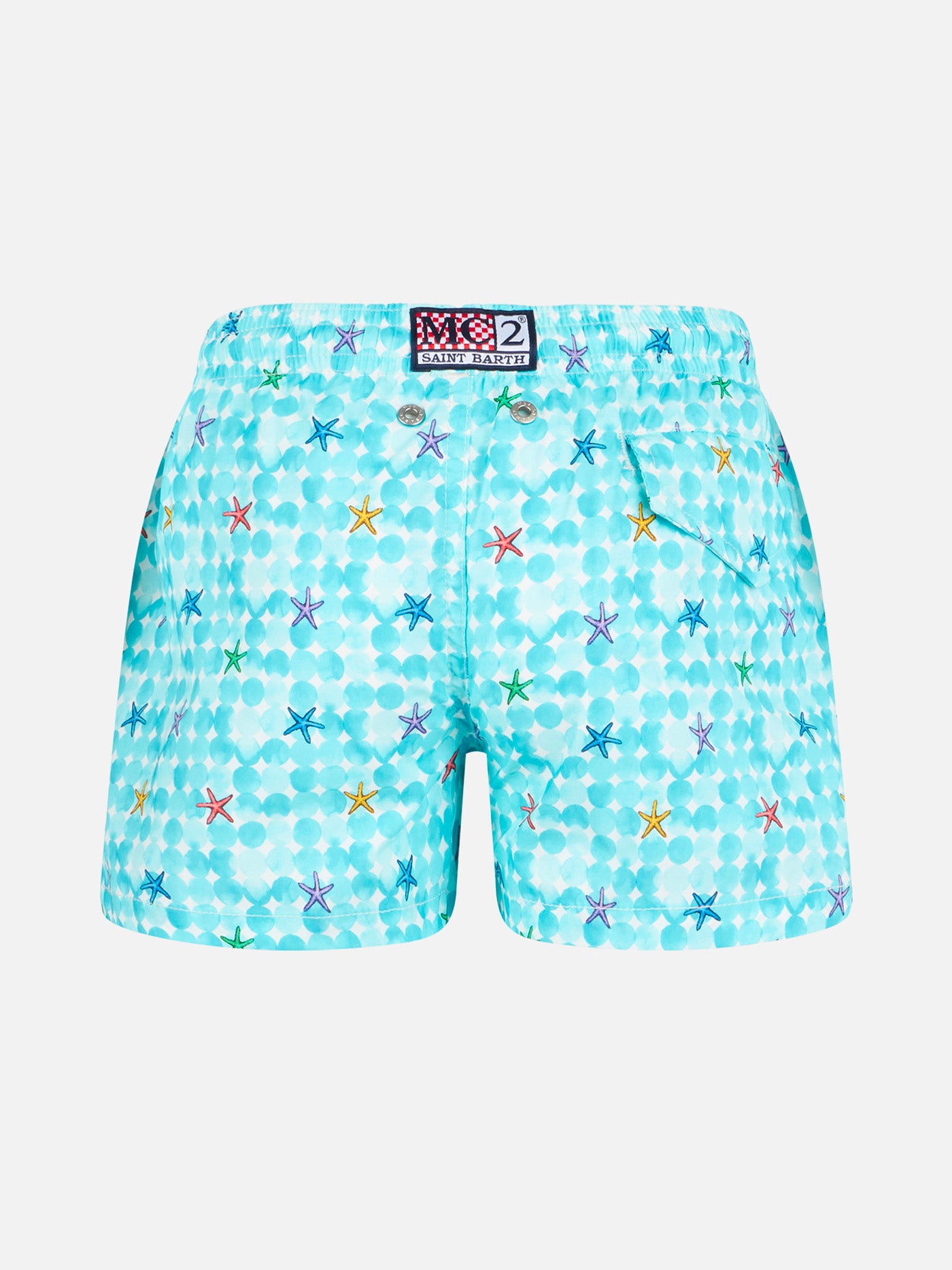 Boy light blue swim shorts with starfish print and comfort fabric