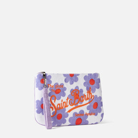 Parisienne terry pouch bag with violet and orange daisy print