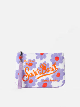 Parisienne terry pouch bag with violet and orange daisy print