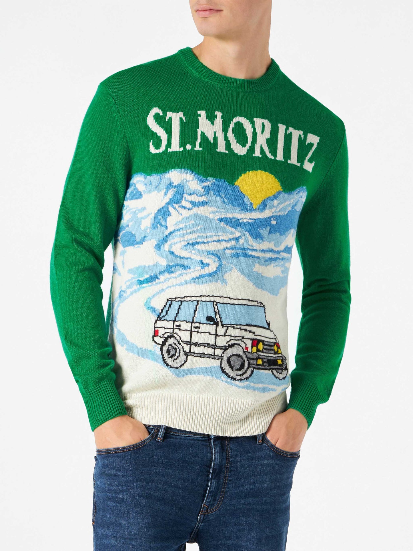 Man green sweater with St.Moritz postcard print - MC2 Saint Barth