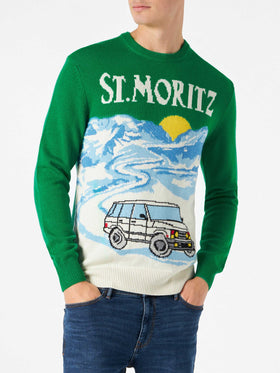 Man green sweater with St.Moritz postcard print - MC2 Saint Barth