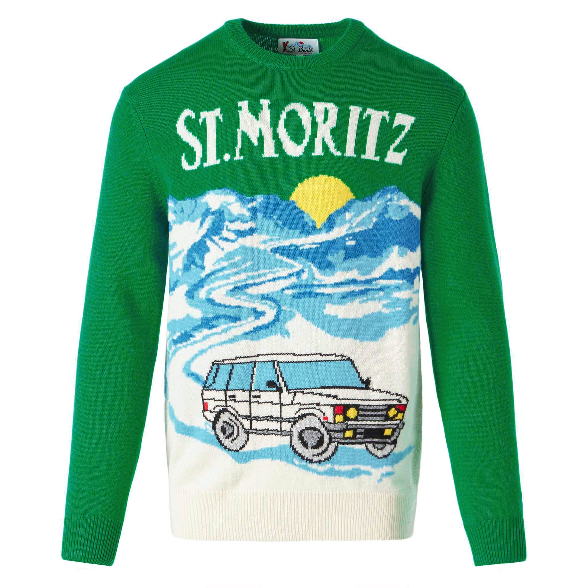 Man green sweater with St.Moritz postcard print - MC2 Saint Barth