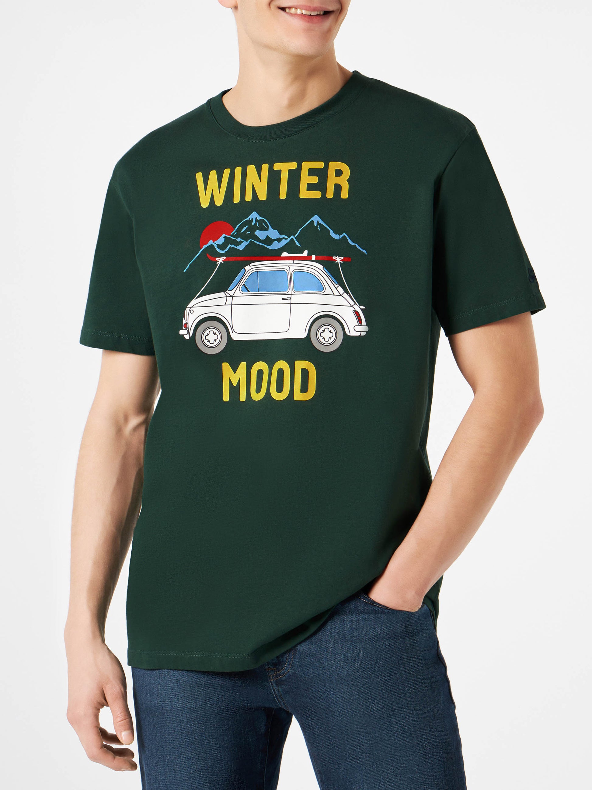 Man forest green t-shirt with car print | Fiat 500 Special Edition - MC2 Saint Barth