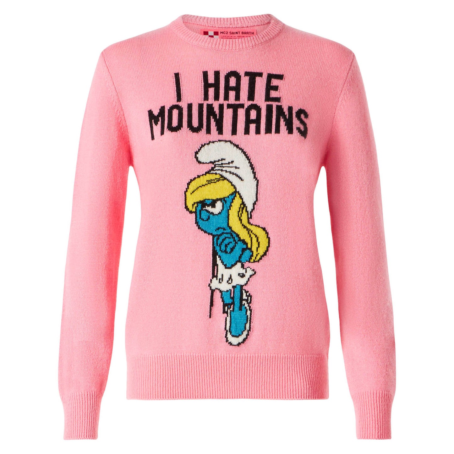 Frau rosa Pullover Ich hasse Berge Schlumpfine | ©PEYO SONDERAUSGABE