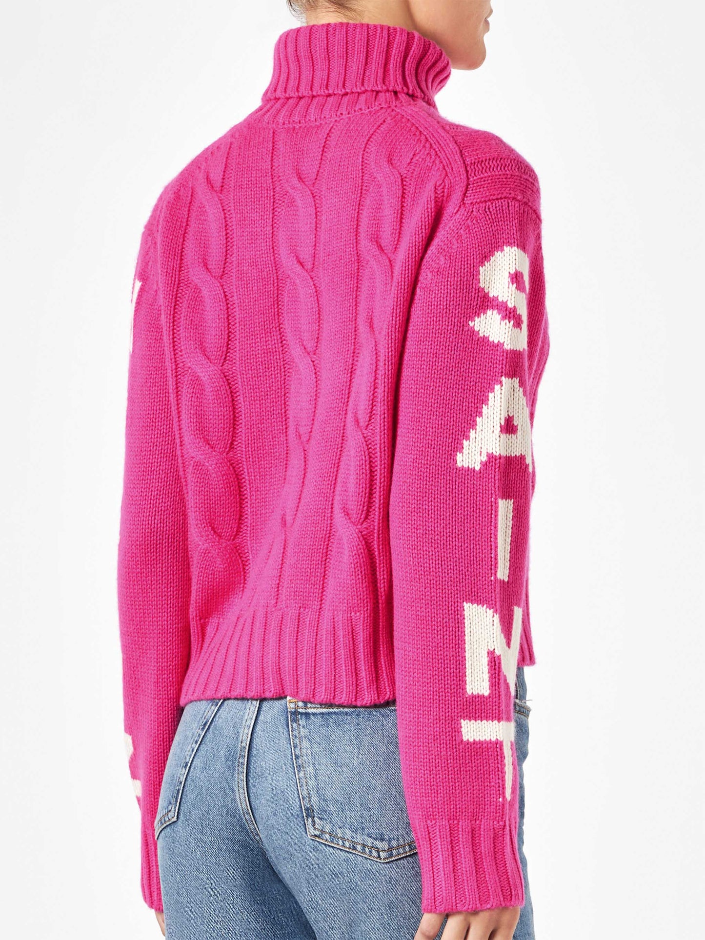 Maglia da donna intrecciata dolcevita rosa fluo